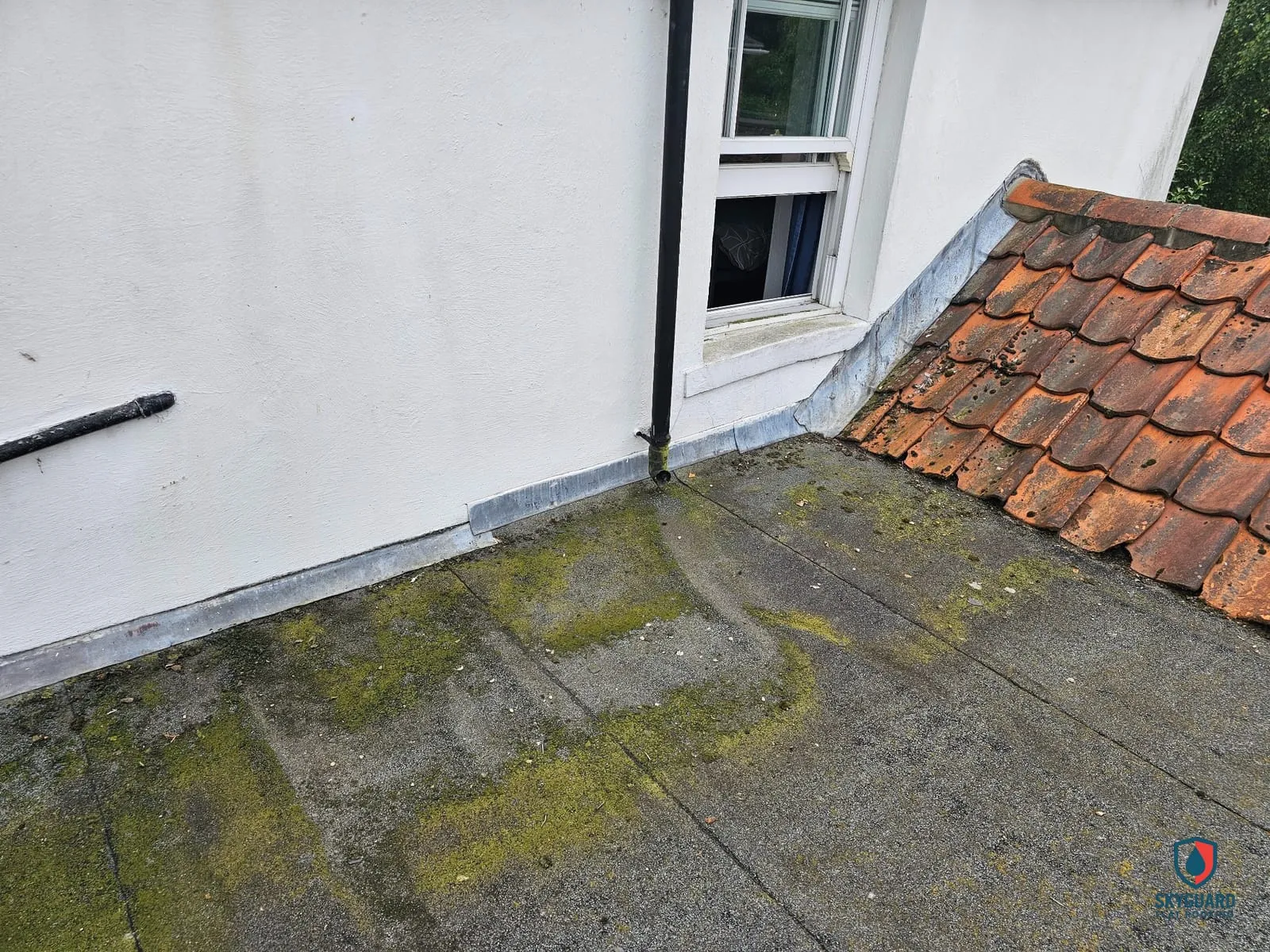 The old felt roof in Helpringham, green with moss along the laps, between a white rendered wall and a clay pantile roof