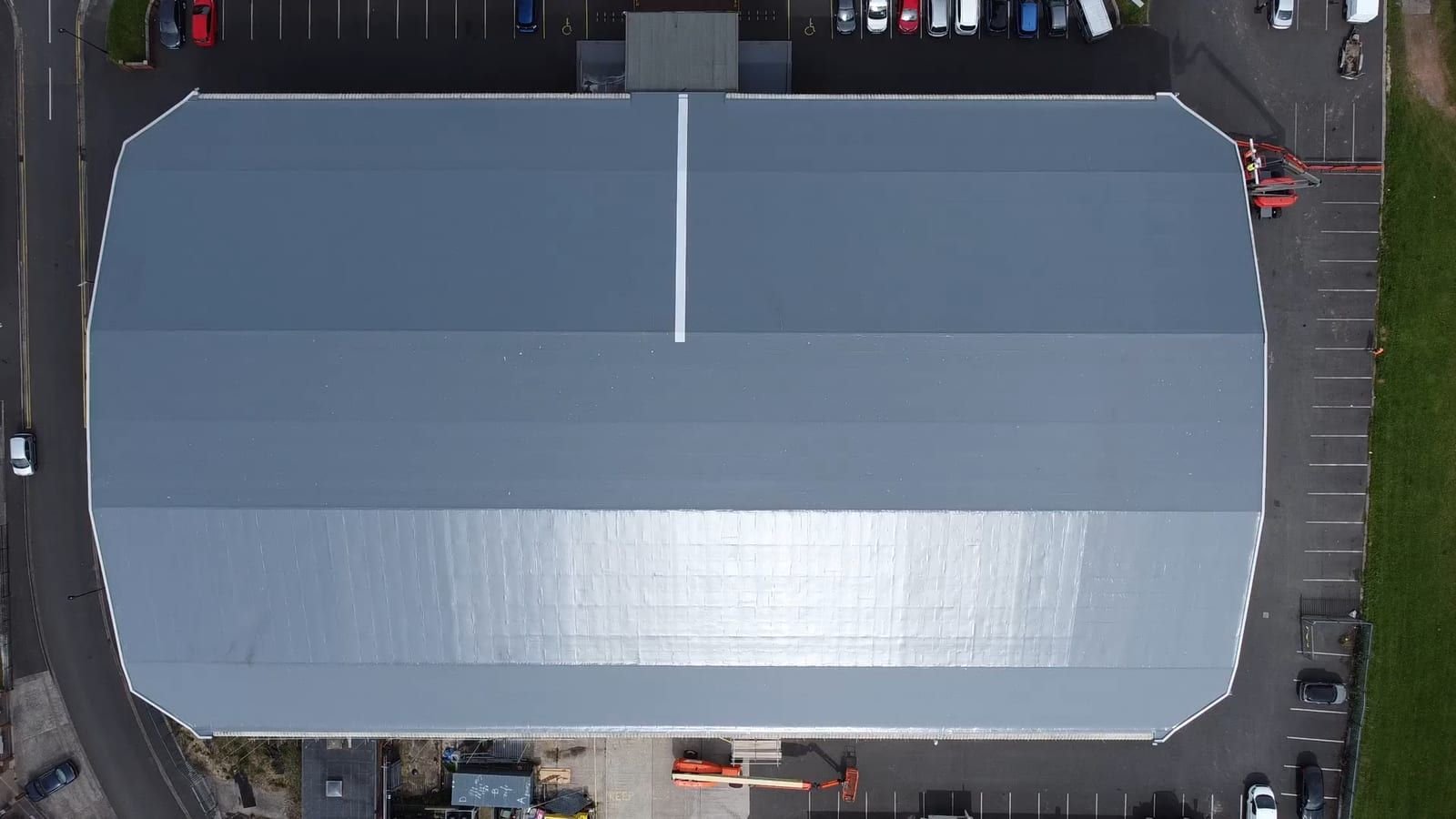 Drone view straight down onto the 4,500 m² Fatra PVC single ply roof of Whitley Bay Ice Rink