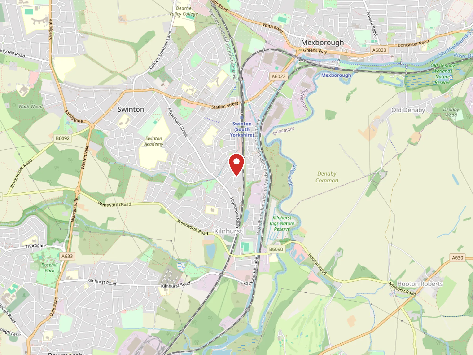 Map with a pin on Skyguard's head office on Newsam Road, Kilnhurst (S64 5UL), south of Swinton and Mexborough